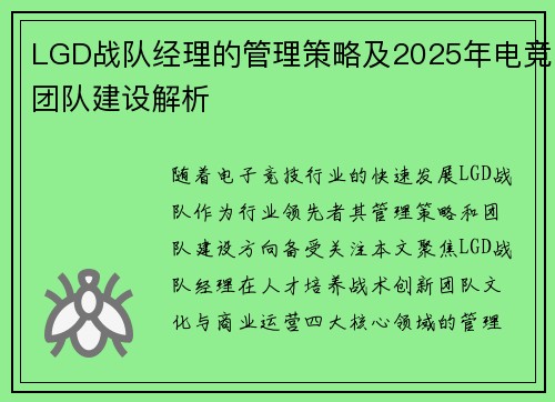 LGD战队经理的管理策略及2025年电竞团队建设解析