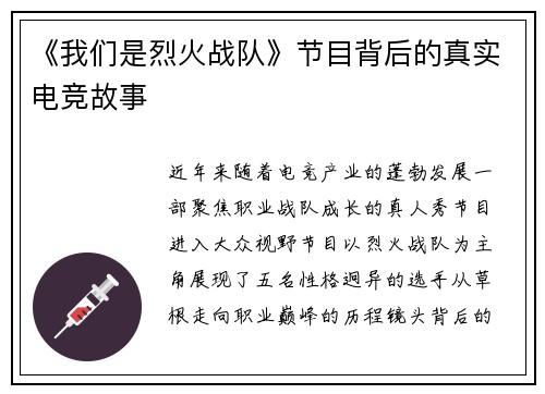 《我们是烈火战队》节目背后的真实电竞故事