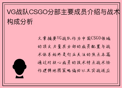 VG战队CSGO分部主要成员介绍与战术构成分析