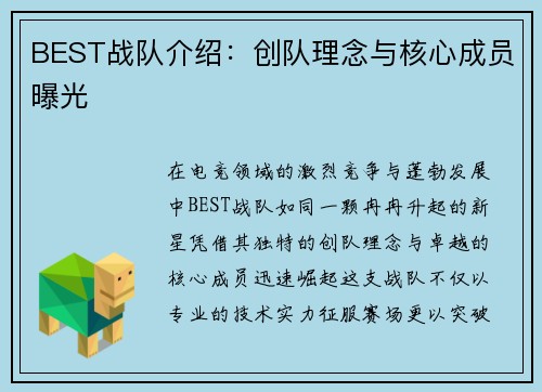 BEST战队介绍：创队理念与核心成员曝光